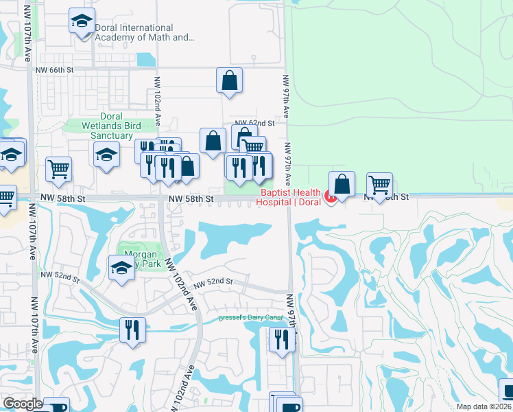 map of restaurants, bars, coffee shops, grocery stores, and more near 5754 Northwest 98th Avenue in Doral