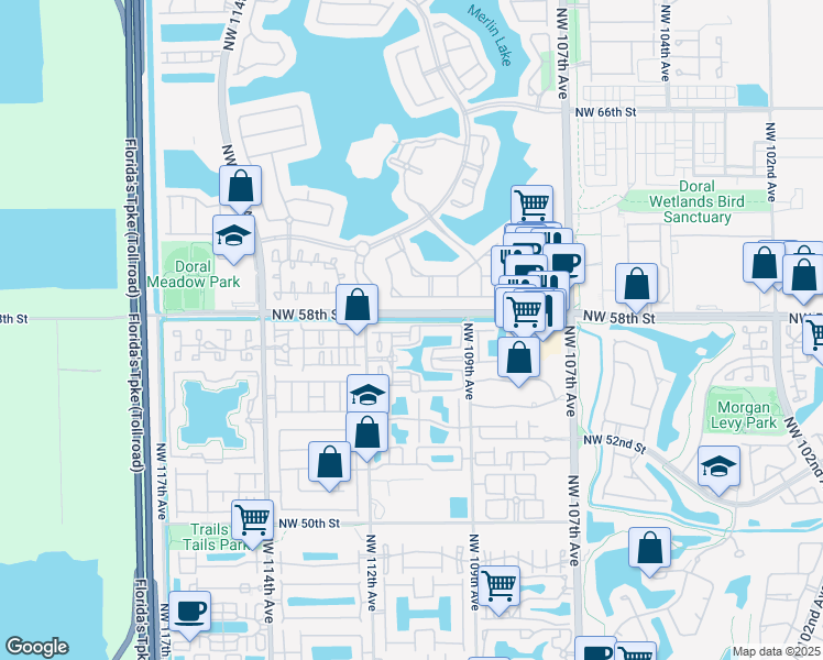 map of restaurants, bars, coffee shops, grocery stores, and more near 5611 Northwest 112th Avenue in Doral