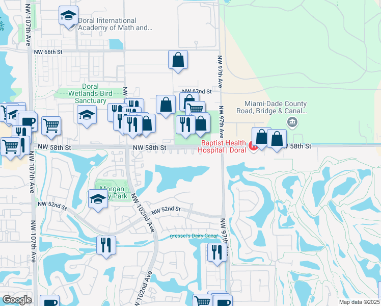 map of restaurants, bars, coffee shops, grocery stores, and more near 5762 Northwest 98th Avenue in Doral