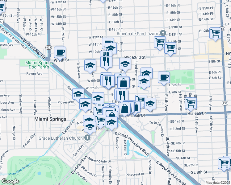 map of restaurants, bars, coffee shops, grocery stores, and more near 101 East 4th Street in Hialeah