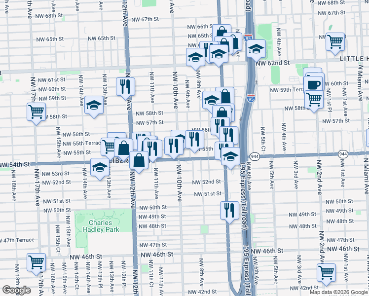 map of restaurants, bars, coffee shops, grocery stores, and more near 5455 Northwest 9th Avenue in Miami