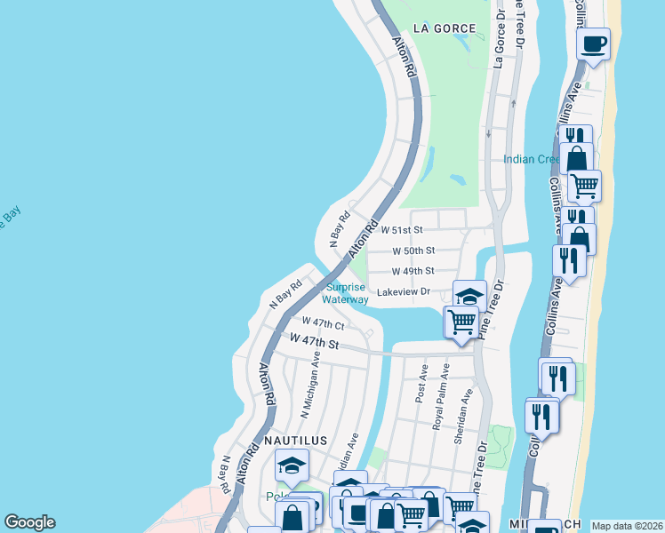 map of restaurants, bars, coffee shops, grocery stores, and more near 5000 North Bay Road in Miami Beach
