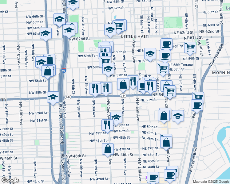 map of restaurants, bars, coffee shops, grocery stores, and more near 151 Northwest 54th Street in Miami