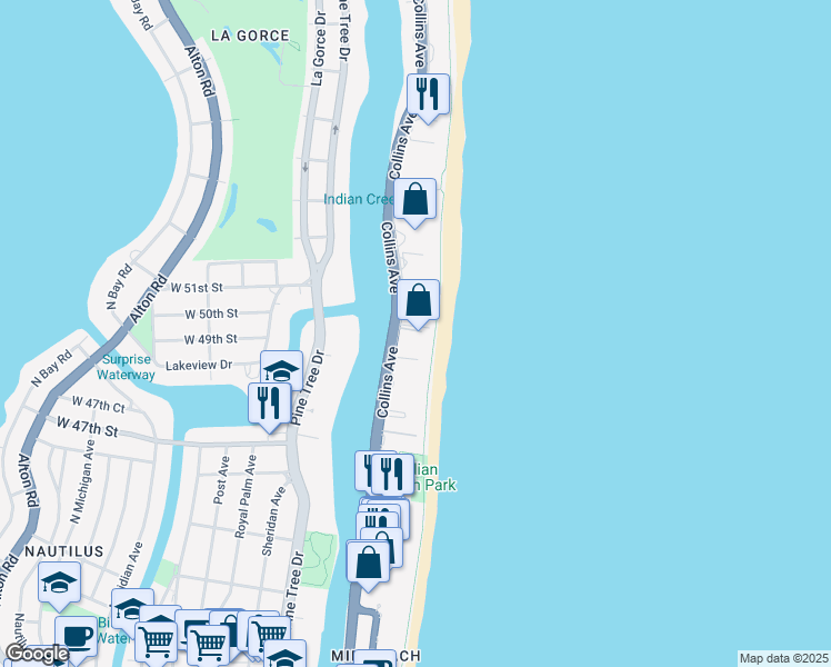 map of restaurants, bars, coffee shops, grocery stores, and more near 5001 Collins Avenue in Miami Beach