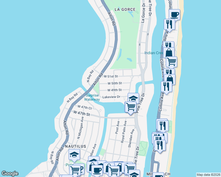 map of restaurants, bars, coffee shops, grocery stores, and more near 737 West 49th Street in Miami Beach