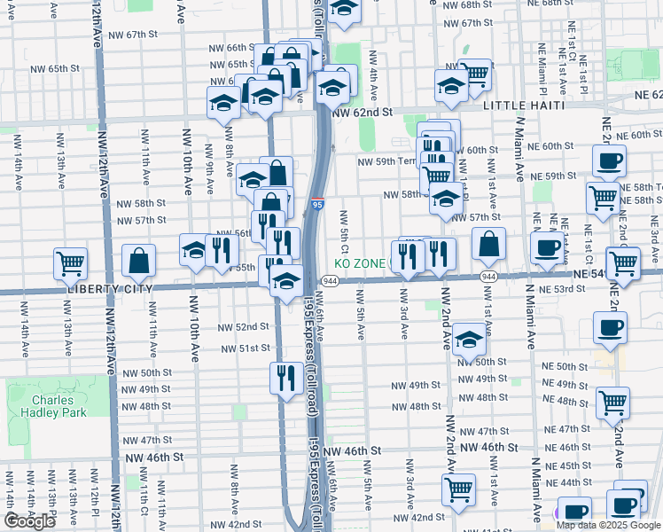 map of restaurants, bars, coffee shops, grocery stores, and more near in Miami
