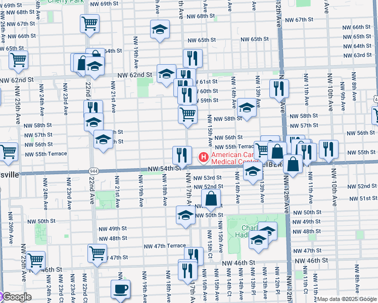 map of restaurants, bars, coffee shops, grocery stores, and more near 1645 Northwest 55th Street in Miami