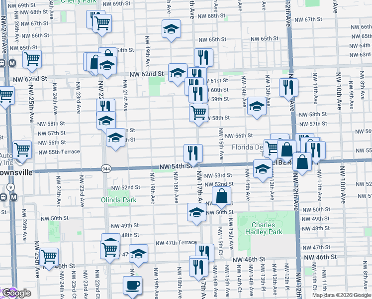 map of restaurants, bars, coffee shops, grocery stores, and more near 1775 Northwest 55th Street in Miami