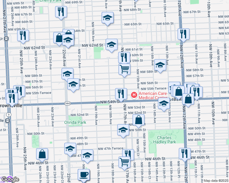 map of restaurants, bars, coffee shops, grocery stores, and more near 1775 Northwest 55th Street in Miami