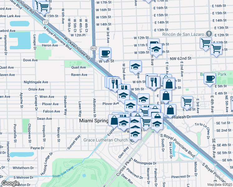 map of restaurants, bars, coffee shops, grocery stores, and more near 405 Swallow Drive in Miami Springs