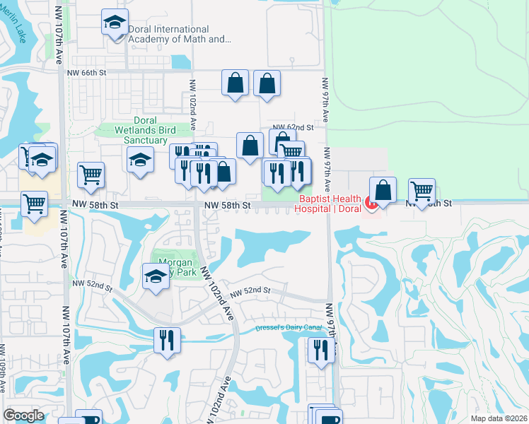 map of restaurants, bars, coffee shops, grocery stores, and more near 5769 Northwest 99th Avenue in Doral