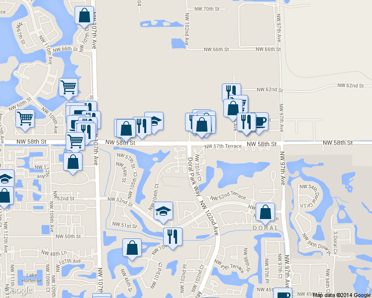 map of restaurants, bars, coffee shops, grocery stores, and more near 10229 Northwest 57th Street in Doral