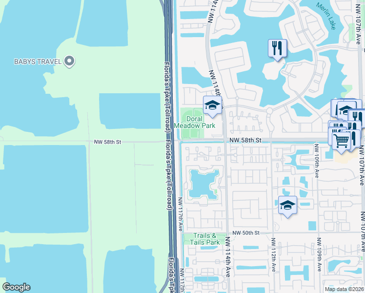 map of restaurants, bars, coffee shops, grocery stores, and more near 5779 Northwest 116th Avenue in Doral