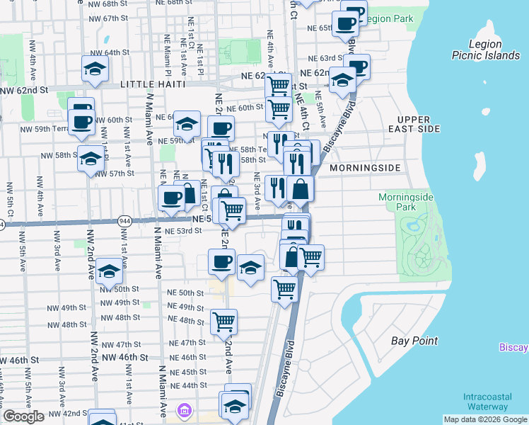 map of restaurants, bars, coffee shops, grocery stores, and more near 297 Northeast 54th Street in Miami