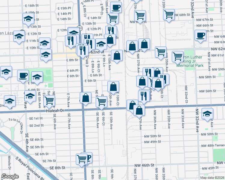 map of restaurants, bars, coffee shops, grocery stores, and more near 300 East 10th Court in Hialeah