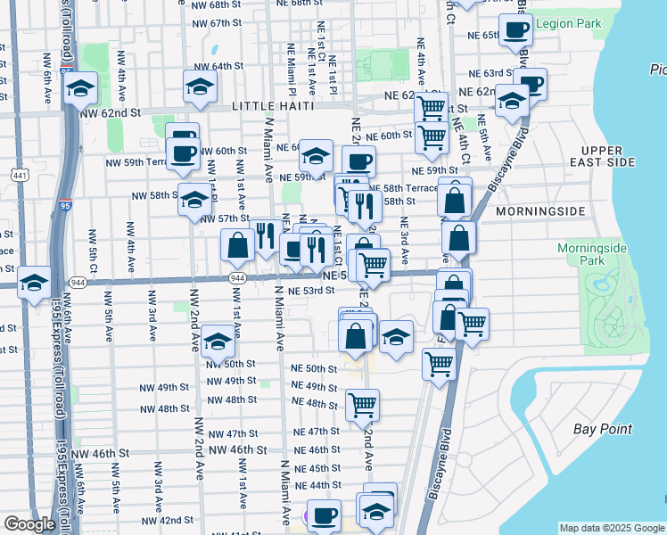 map of restaurants, bars, coffee shops, grocery stores, and more near 139 Northeast 54th Street in Miami