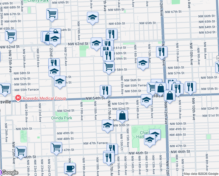 map of restaurants, bars, coffee shops, grocery stores, and more near 1645 Northwest 55th Street in Miami