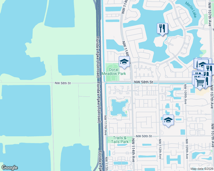 map of restaurants, bars, coffee shops, grocery stores, and more near 5779 Northwest 116th Avenue in Doral