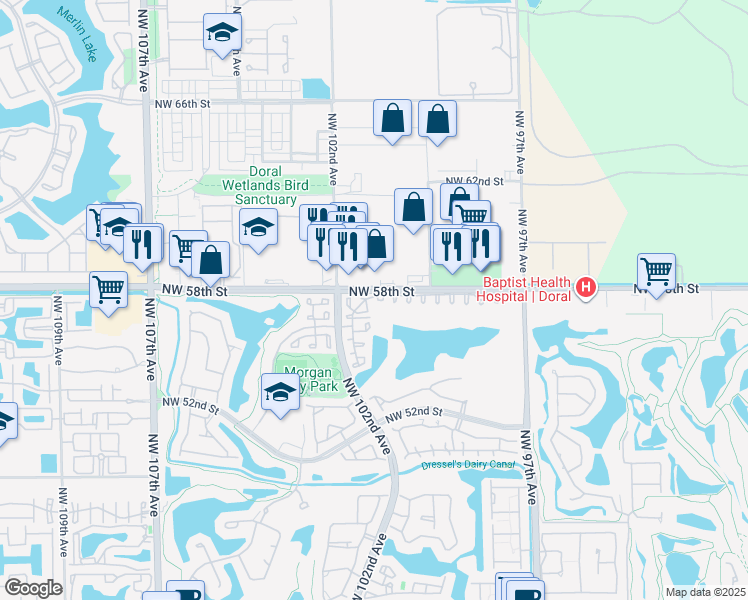 map of restaurants, bars, coffee shops, grocery stores, and more near 5776 Northwest 100th Avenue in Doral