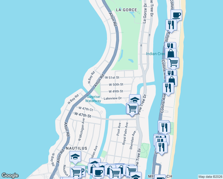 map of restaurants, bars, coffee shops, grocery stores, and more near 737 West 49th Street in Miami Beach