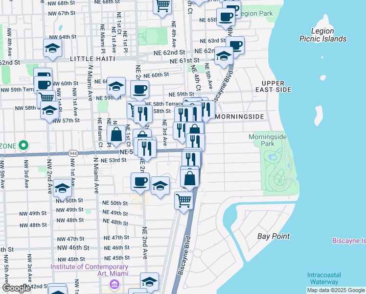 map of restaurants, bars, coffee shops, grocery stores, and more near 360 Northeast 54th Street in Miami