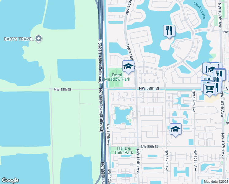 map of restaurants, bars, coffee shops, grocery stores, and more near 5779 Northwest 116th Avenue in Doral