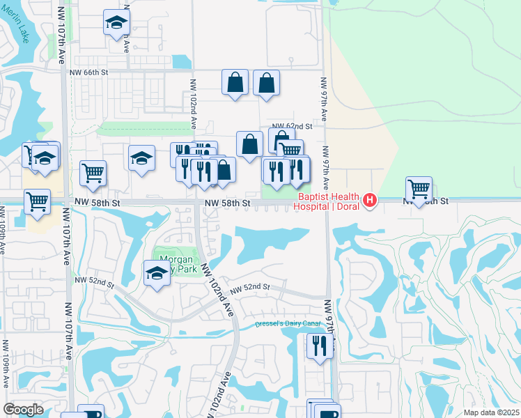 map of restaurants, bars, coffee shops, grocery stores, and more near 5769 Northwest 99th Avenue in Doral