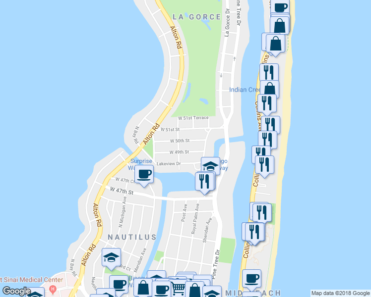 map of restaurants, bars, coffee shops, grocery stores, and more near 575 West 49th Street in Miami Beach