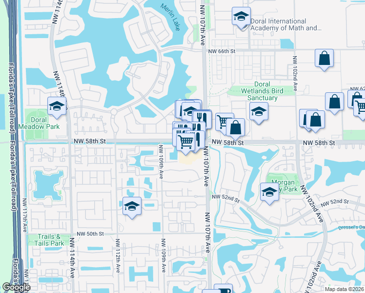 map of restaurants, bars, coffee shops, grocery stores, and more near 10832 Northwest 58th Street in Doral