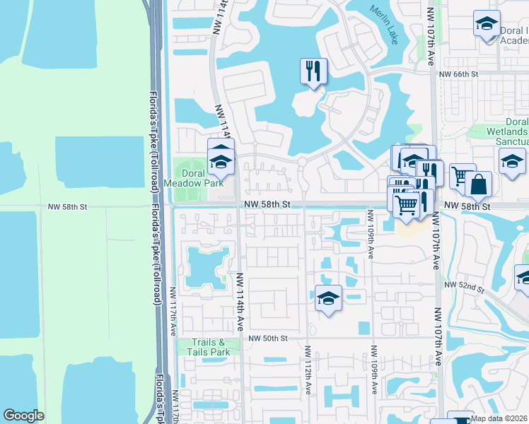 map of restaurants, bars, coffee shops, grocery stores, and more near 11257 Northwest 57th Lane in Doral