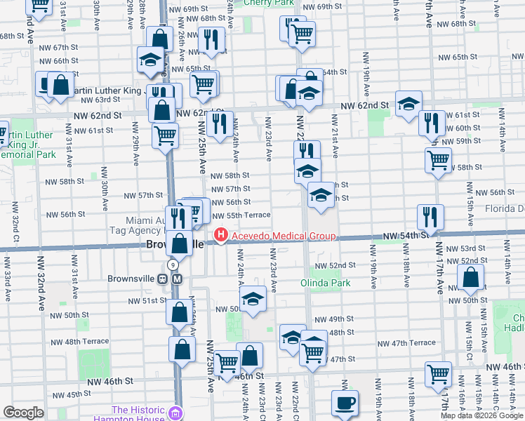 map of restaurants, bars, coffee shops, grocery stores, and more near 5528 Northwest 23rd Avenue in Miami