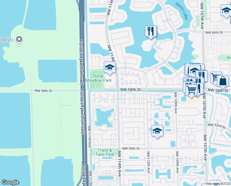 map of restaurants, bars, coffee shops, grocery stores, and more near 5707 Northwest 114th Court in Doral