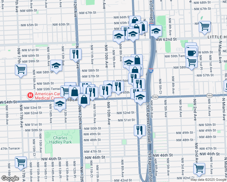 map of restaurants, bars, coffee shops, grocery stores, and more near 5455 Northwest 9th Avenue in Miami