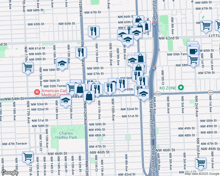 map of restaurants, bars, coffee shops, grocery stores, and more near 1020 Northwest 55th Street in Miami