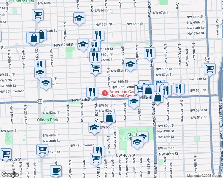 map of restaurants, bars, coffee shops, grocery stores, and more near 1515 Northwest 55th Street in Miami