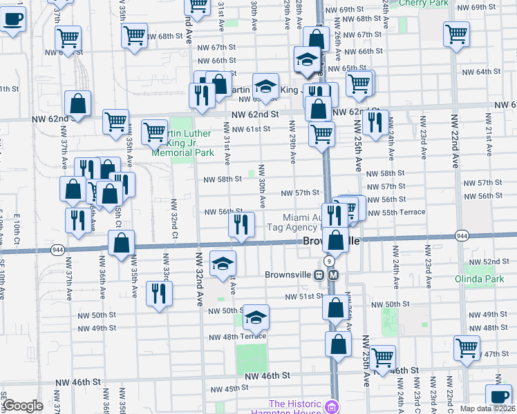 map of restaurants, bars, coffee shops, grocery stores, and more near 3012 Northwest 56th Street in Miami