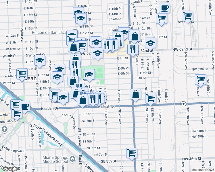 map of restaurants, bars, coffee shops, grocery stores, and more near 98 East 6th Avenue in Hialeah