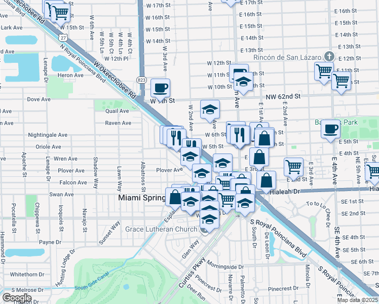 map of restaurants, bars, coffee shops, grocery stores, and more near 405 Swallow Drive in Miami Springs