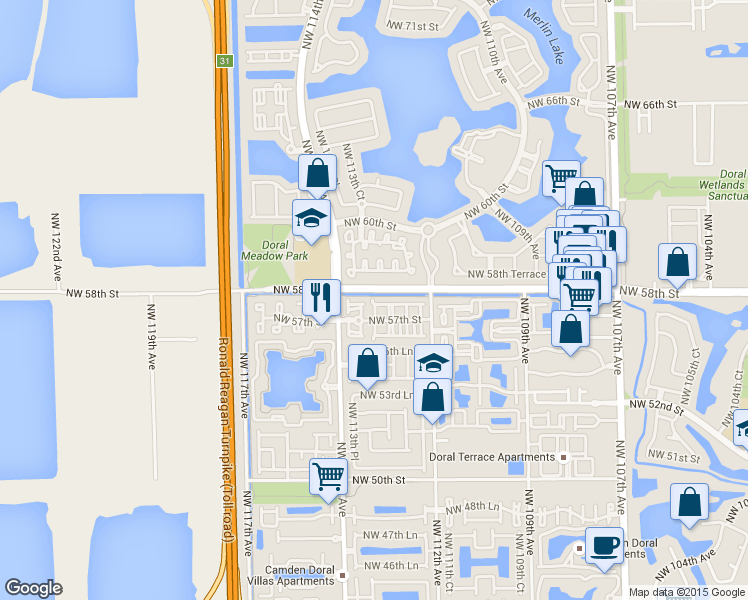 map of restaurants, bars, coffee shops, grocery stores, and more near 11257 Northwest 57th Lane in Doral