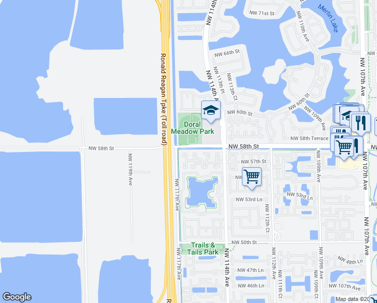 map of restaurants, bars, coffee shops, grocery stores, and more near 5779 Northwest 116th Avenue in Doral