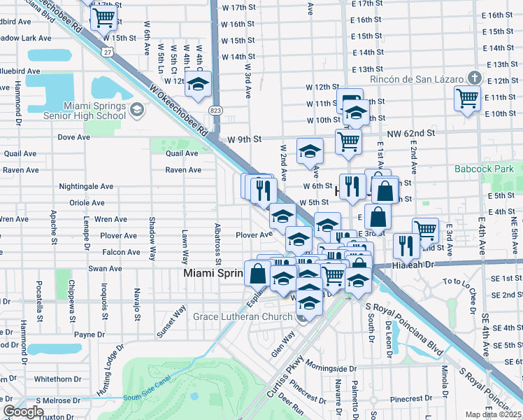map of restaurants, bars, coffee shops, grocery stores, and more near 392 North Royal Poinciana Boulevard in Miami Springs