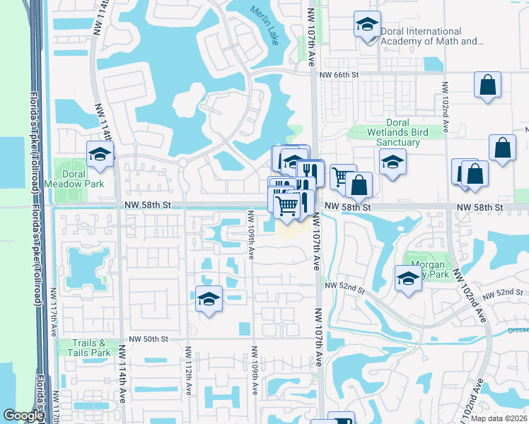 map of restaurants, bars, coffee shops, grocery stores, and more near 5755 Northwest 109th Avenue in Doral