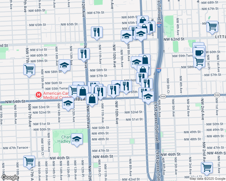 map of restaurants, bars, coffee shops, grocery stores, and more near 1020 Northwest 55th Street in Miami