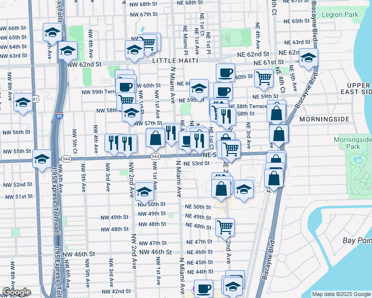 map of restaurants, bars, coffee shops, grocery stores, and more near in Miami