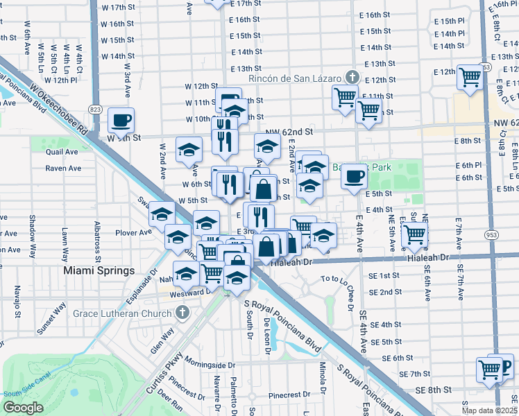map of restaurants, bars, coffee shops, grocery stores, and more near 101 East 4th Street in Hialeah