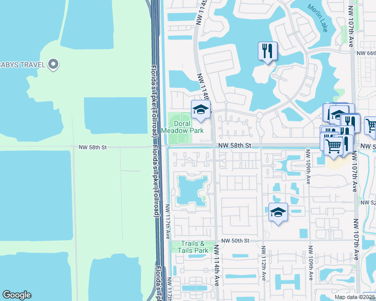 map of restaurants, bars, coffee shops, grocery stores, and more near 5731 Northwest 114th Path in Doral