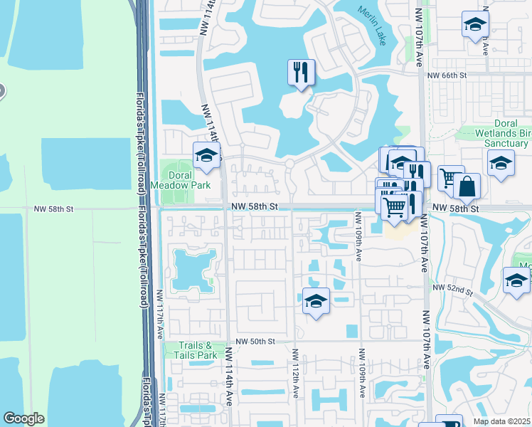 map of restaurants, bars, coffee shops, grocery stores, and more near 11235 Northwest 57th Lane in Doral