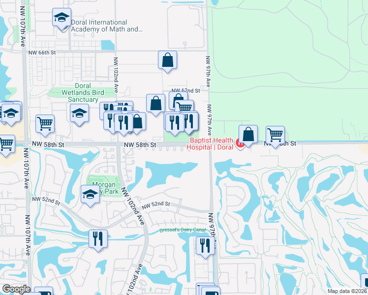 map of restaurants, bars, coffee shops, grocery stores, and more near 5754 Northwest 98th Avenue in Doral