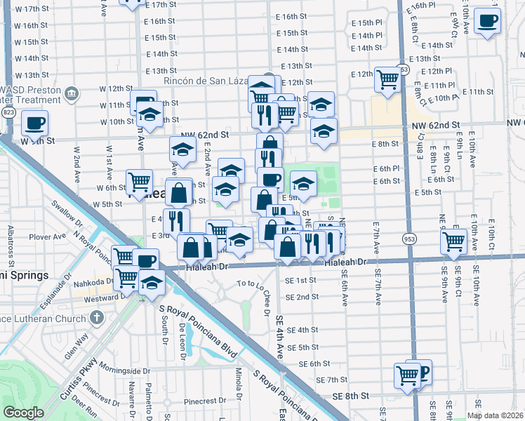 map of restaurants, bars, coffee shops, grocery stores, and more near 380 East 4th Avenue in Hialeah