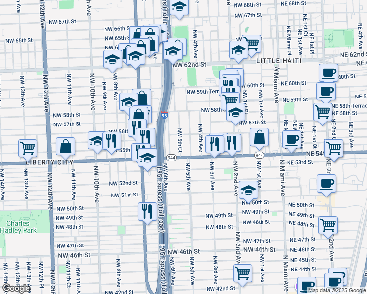 map of restaurants, bars, coffee shops, grocery stores, and more near in Miami